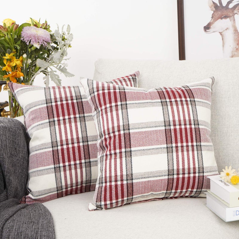 YOUR SMILE Christmas Retro Farmhouse Buffalo Tartan Chequer Plaid Cotton Linen Decorative Throw Pillow Case Cushion Cover Pillowcase for Sofa 18 x 18 Inch, Set of 2, Red/Stripe - Image 2